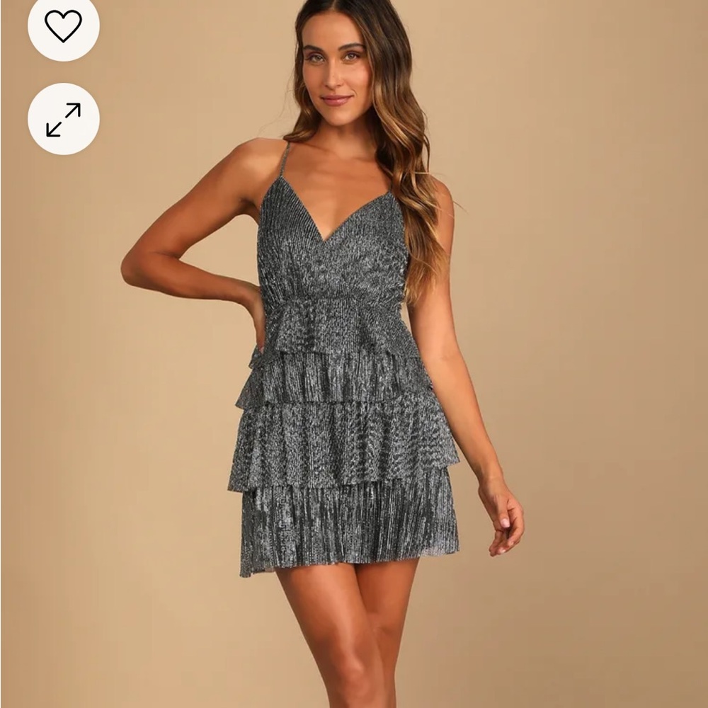 NWT Glowing Gorgeous Silver Metallic Tiered Mini Dress